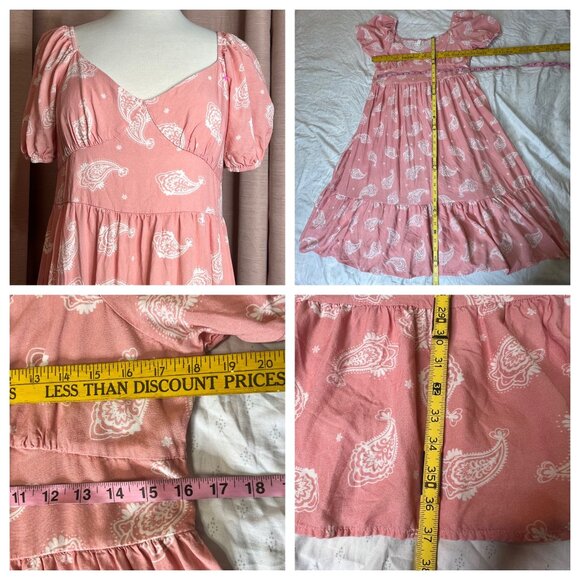 PatPat Pink Boho Paisley Midi Dress XL Short Puff Sleeves V-Neck 100% Viscose Ru - Picture 13 of 16